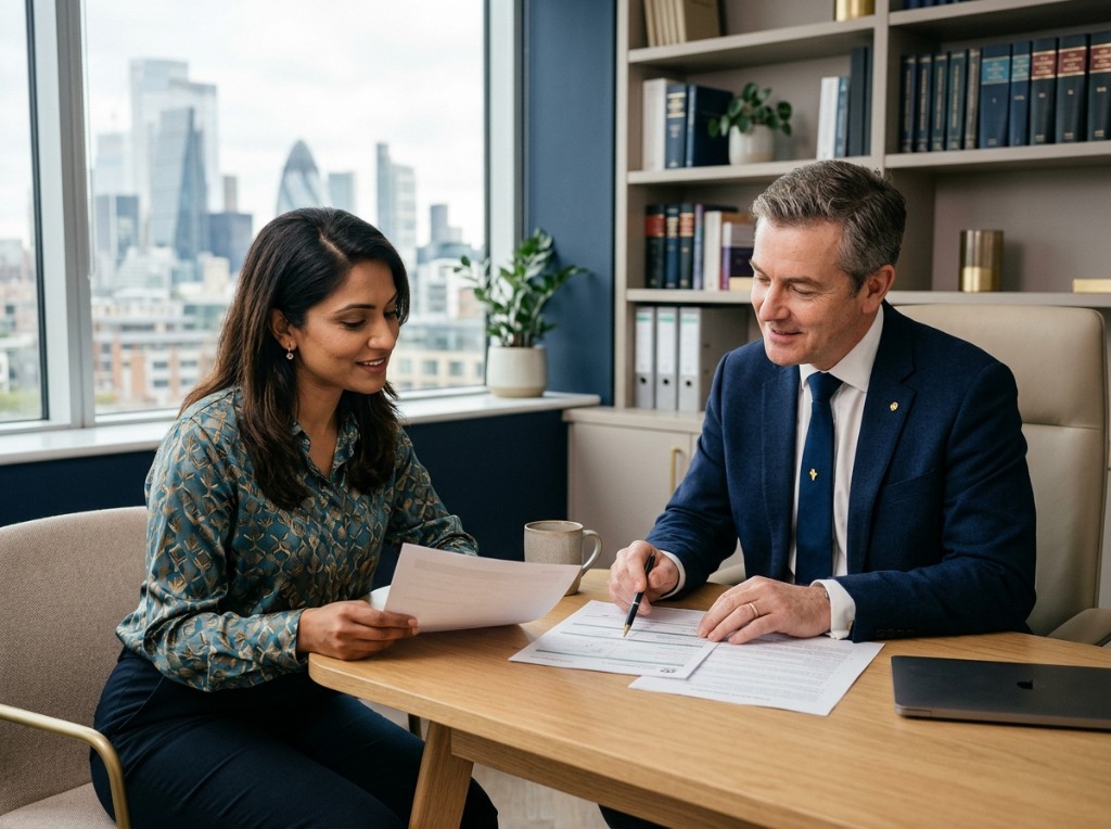 Apex Solicitors consultation — advisors reviewing documents together in a modern office